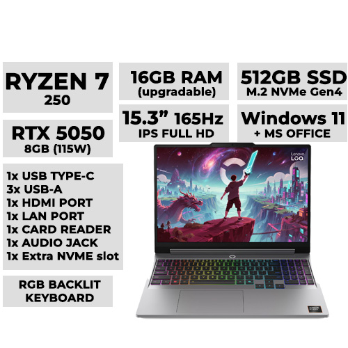 Lenovo LOQ 15AHP11 83TN0016PH Gaming Laptop 15.3" 165hz IPS | Ryzen 7 250 | 16GBx1 DDR5 (2 slot) | 512GB NVMe | RTX 5050 8GB